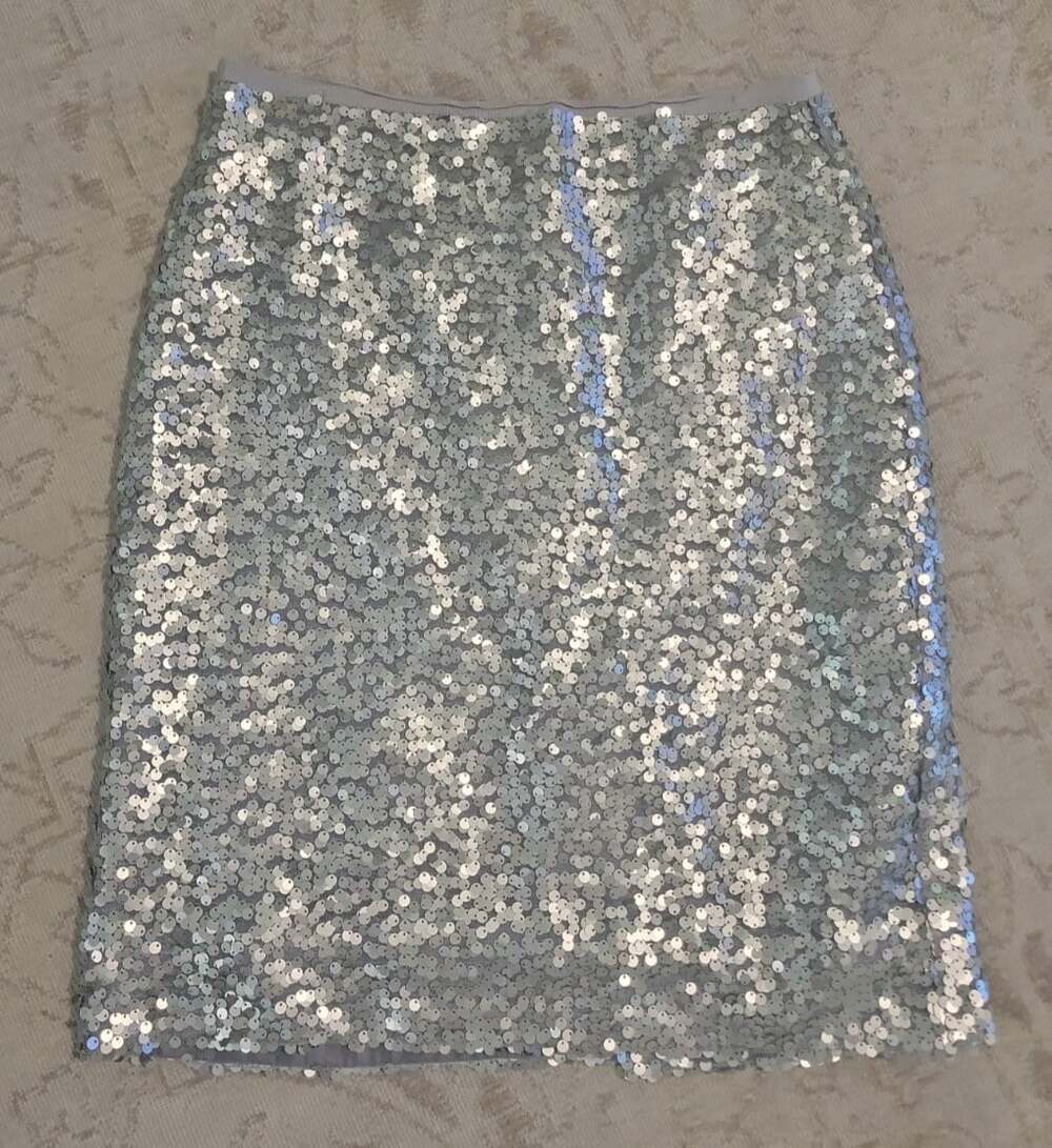 J. Crew Silver Sequin Pencil Skirt Size 8 Party Holidays Xmas. DW